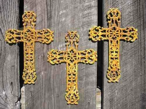 The Birdhouse Chick Cast Iron Crosses Set Of 3-Antique And Verde Finish