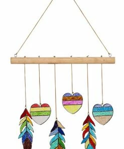 The Birdhouse Chick Wind Chimes Stained Glass Heart And Feather Mobile