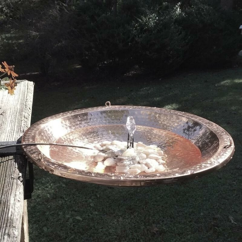 The Birdhouse Chick Solar Bubbler Copper Bird Bath W/ Hanger