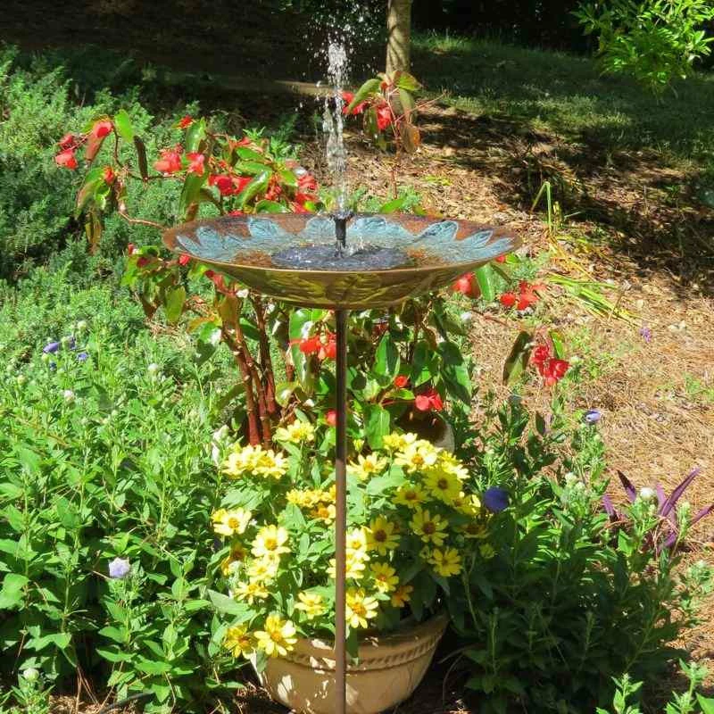The Birdhouse Chick Staked & Pedestal Bird Baths Brass Leaves Solar Bubbler Bird Bath